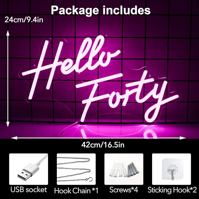 Hello Forty Neon Sign 40th Birthday Dimmable Neon Sign Pink Letters Neon Lights - Image 4