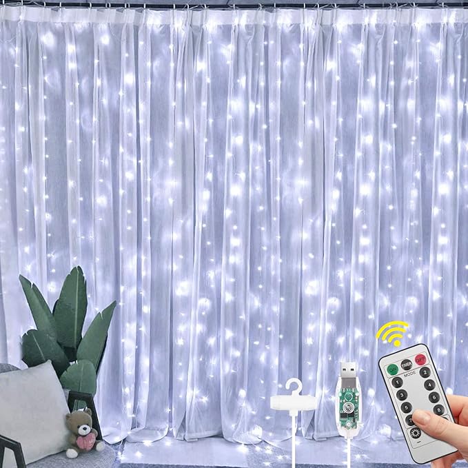 Vicloon Fairy Curtain Lights, 300 LED White Curtain Lights, 8 Modes 9.8×9.8Ft by Vicloon