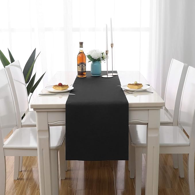DUALIFE Jet Black Table Runner 14x72 inch Solid Color Thick Polyester - Image 3