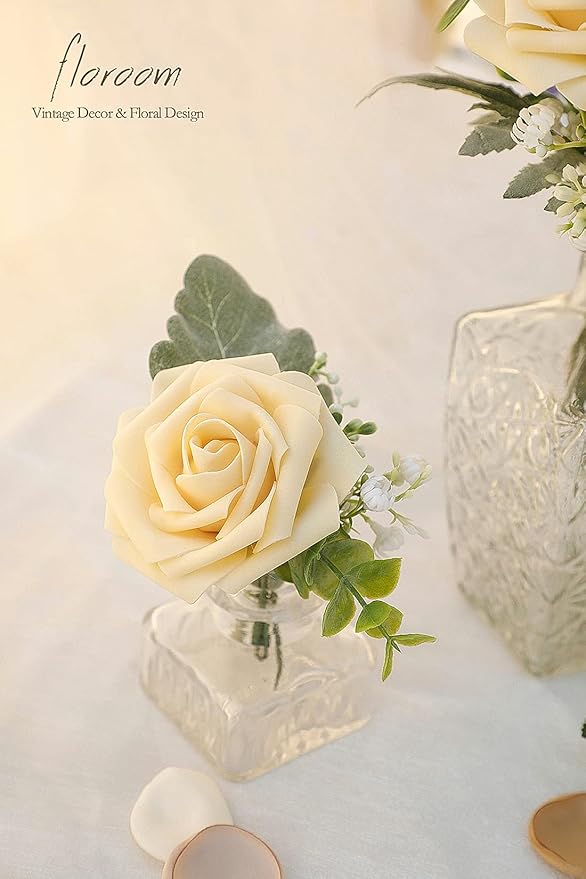 Floroom Artificial Flowers 50pcs Real Looking Creamy Yellow Foam Fake Roses - Image 4