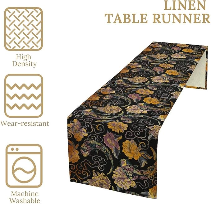 Japanese Table Runner Retro Flowers Oriental Tradition Kio Fish Art Printed - Image 3