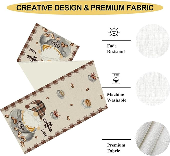 Coffee Time Table Runner, Farmhouse Retro Gnome Coffee Cup Tea Party Cafe Table - Image 4