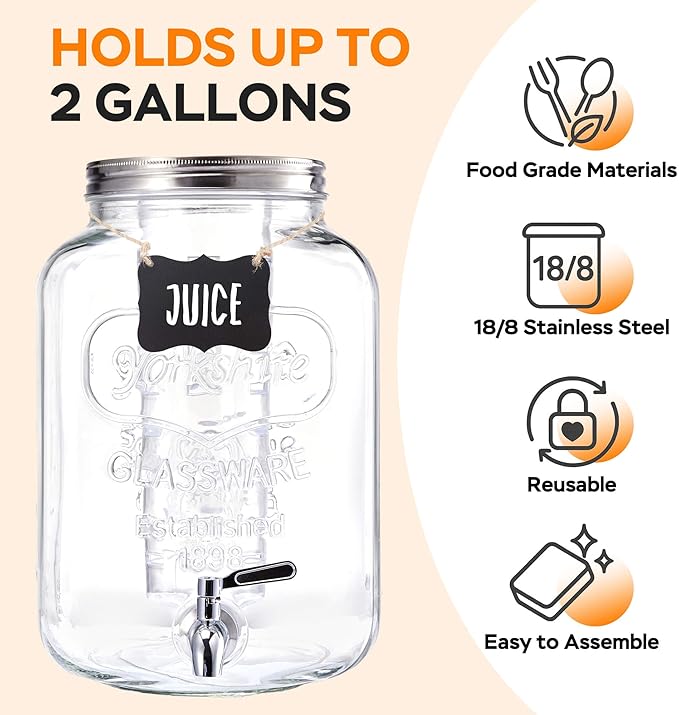 2 Gallon Glass Drink Dispenser for Parties, Beverage Dispenser - Image 4