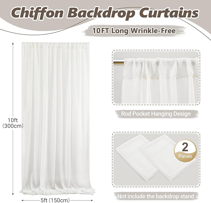 10ft x 10ft Cream White Backdrop Curtains, Wrinkle-Free Sheer Chiffon Fabric - Image 3