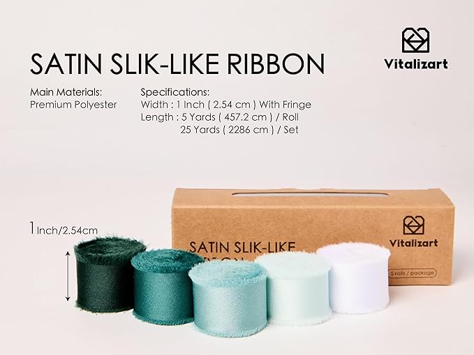 Vitalizart Silk Like Satin Ribbon 1 inch x 25 Yard Green & Sage Handmade Frayed - Image 2