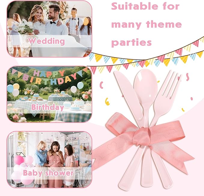 Supernal 300 Pieces Pink Plastic Silverware Heavy Duty Disposable Silverware - Image 7