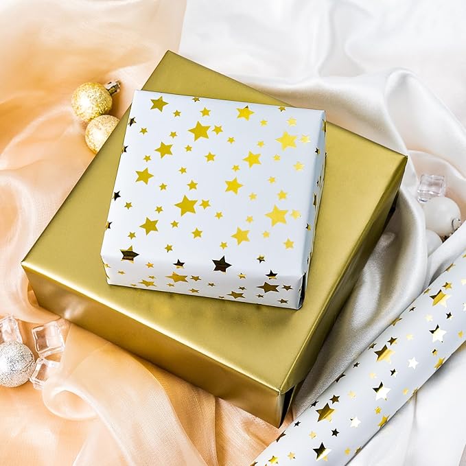 Burymento Gold Foil Five-Pointed Star Wrapping Paper, Reversible Gold Gift Wrap - Image 3