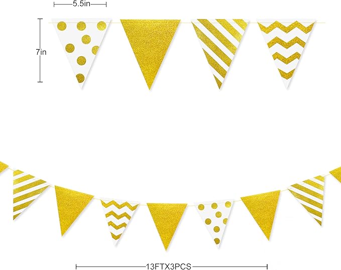 39Ft White and Gold Party Decorations Polka Dot Stripe Triangle Pennant Banner - Image 2