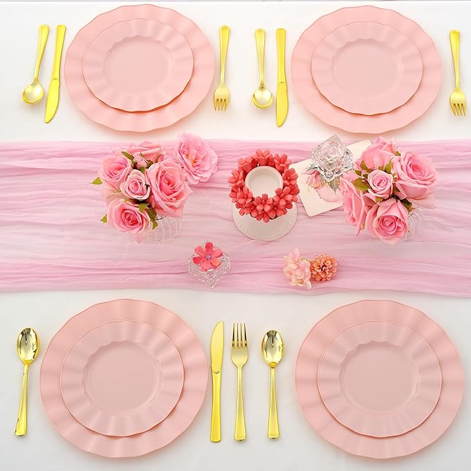 60Pcs Premium Pink Plastic Plates, Fancy Nice Disposable Plate, Elegant Wedding - Image 7