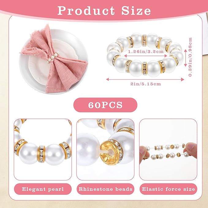 60 Pcs Wedding Pearl Napkin Rings, Pearl Napkin Rings Napkin Ring Holder - Image 2