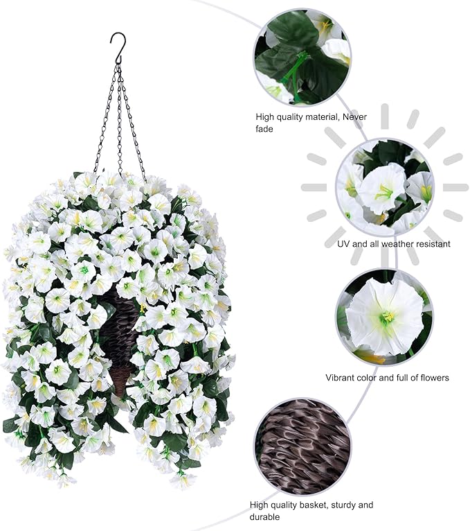 Artificial Faux Hanging White Flowers Plants Basket - Image 4