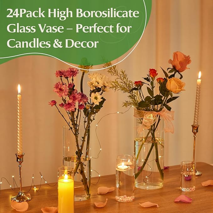 24pcs Clear Glass Cylinder Vases, 12 inch Tall Hurricane Floating Candle Holder - Image 6