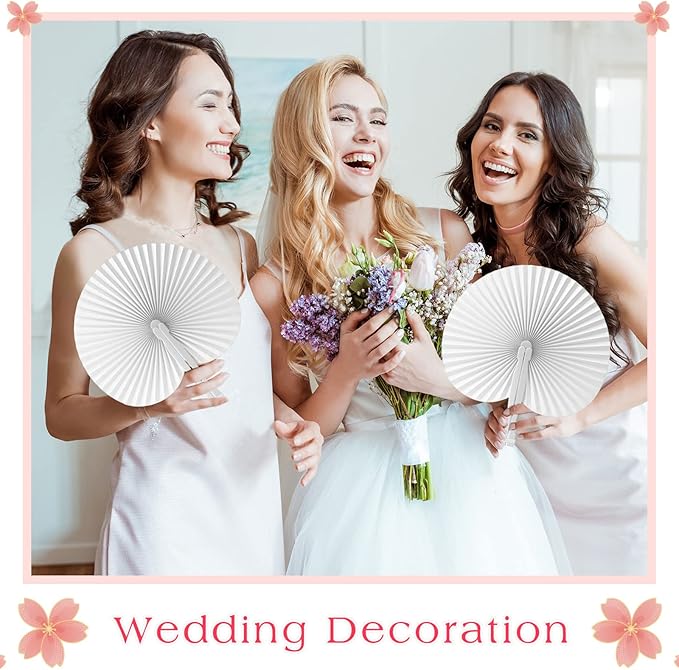 Handepo 200 Pieces Wedding Fans Folding Paper Fans Paper Fans Round Shaped - Image 2