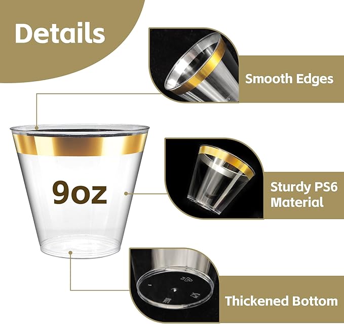 9oz Clear Plastic Cups with Gold Rimmed Sturdy & Food Safe Disposable Wine - Image 5