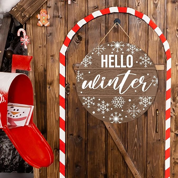 Muktoujaumai Hello Winter Sign Front Door Decor, Christmas Round Hanging Sign - Image 3