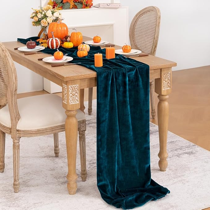 Peacock Green Velvet Table Runner Fall Thanksgiving Turquoise Table Runner 20 x - Image 4