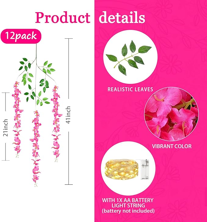 12 Pack Fuchsia Wisteria Hanging Flowers Garland - Image 2