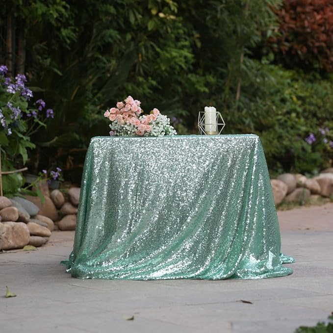 SquarePie Sequin Tablecloth 60 x 120 Inch Mint Green Sparkly Table Linen - Image 5
