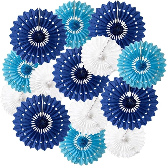 15pcs 6'' 8'' 10'' Paper Fans Decorations Round Blue Tissue Paper Fans Decor by Meeom