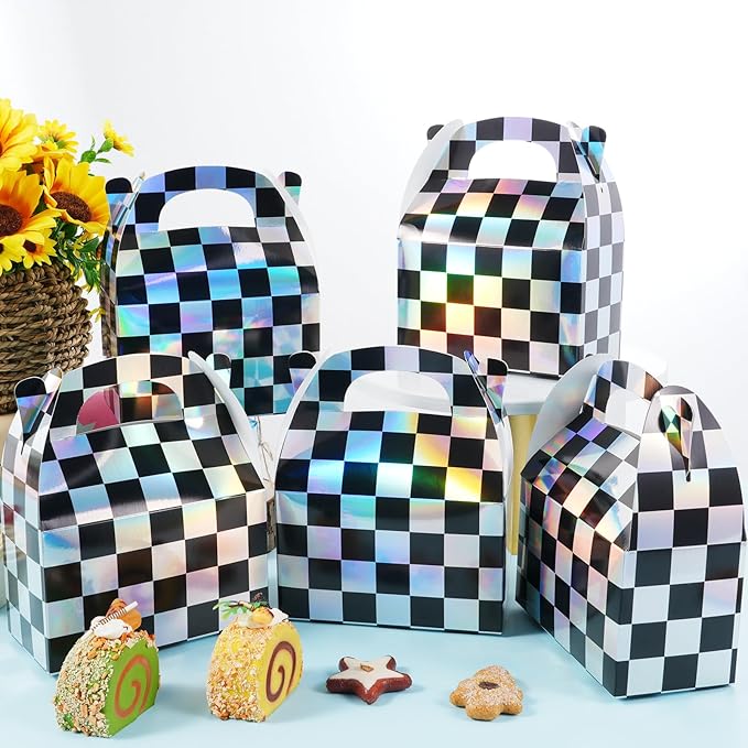 24 Pcs Iridescent Checkered Race Car Party Favor Gable Boxes, Paper Black and - Image 4
