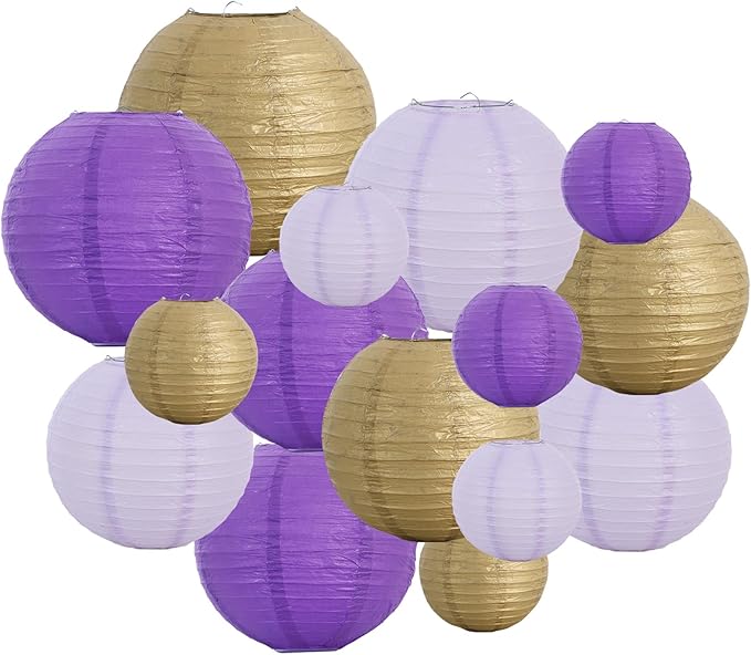 BEISHIDA 16 Pcs Purple Gold Paper Lanterns, Hanging Decorative Chinese Japanese by Beishida