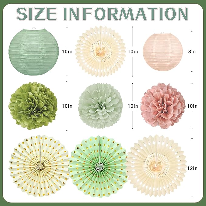 15Pcs Sage Green Party Decorations, Hanging Paper Lanterns Paper Fans Tissue - Image 2