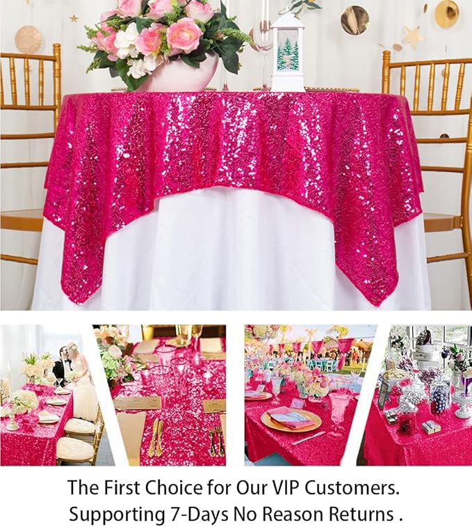 ShinyBeauty Sequin Table Overlay Hot Pink 36''x36'' Small Sequin Tablecloth - Image 5