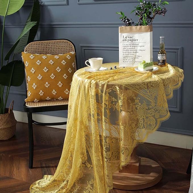 Vintage 60 inch Yellow Lace Tablecloth Floral Embroidered Boho Shabby Chic - Image 3