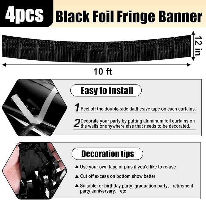 4 Pack 10 Feet Black Foil Fringe Garland Metallic Tinsel Streamers Banner Wall - Image 2
