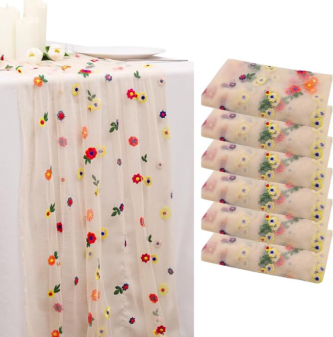 BINBE 6pcs Champagne Daisy Fall Table Runner Embroidery Gauze 10FT Florals by BINBE
