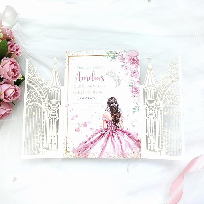 20PCS Laser Cut Wedding Invitations, Wedding Invitation Card Pocket, Quince - Image 5
