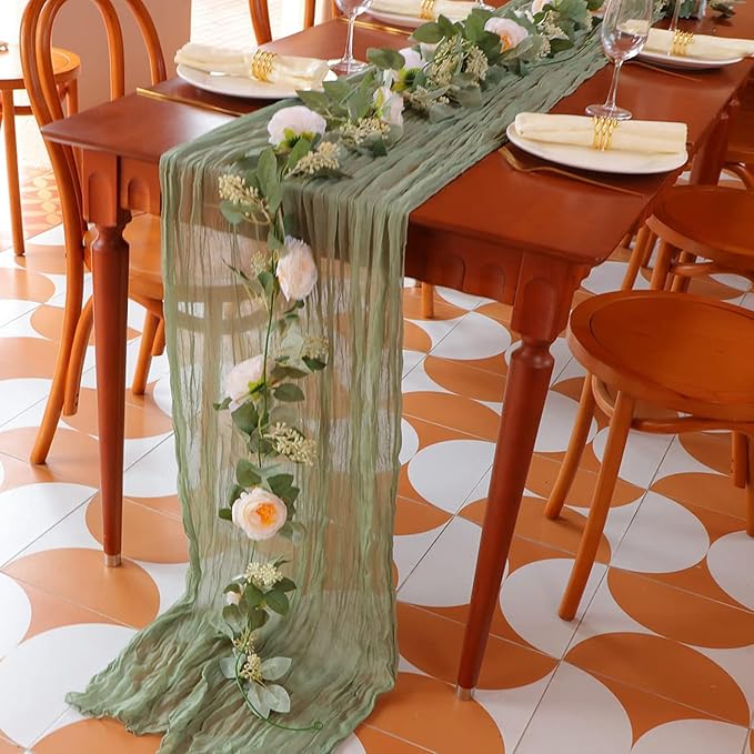 Snowkingdom Sage Green Cheesecloth Table Runner, 160 Inch 13 Ft Rustic Boho by Snowkingdom