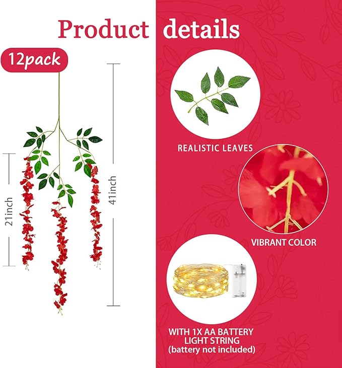 12 Pack Red Wisteria Hanging Flowers Garland - Image 2