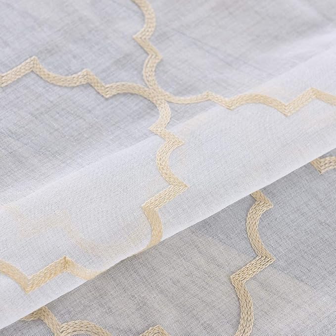 Embroidered Moroccan Tile Lattice Design Gold Sheer Curtains 84 Inch Long - Image 6