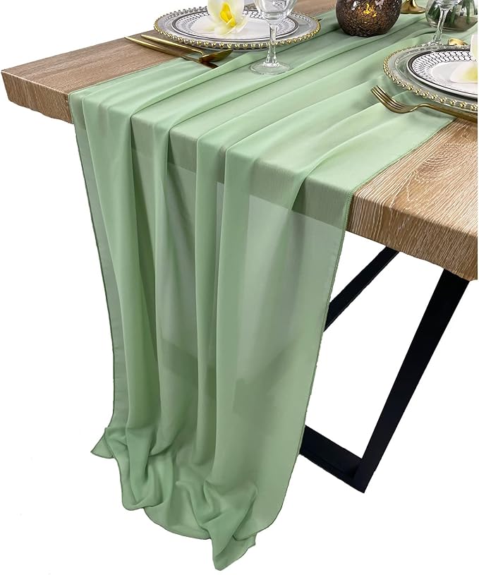 EHLDekol 13ft Sage Green Chiffon Table Runner, 29x156 Inches Romantic and - Image 3