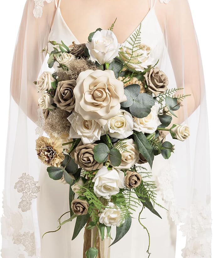 Ling's moment Intimate Brown Bridal Bouquet Cascading, 13 Inch Bride Bouquets by LingsMoment