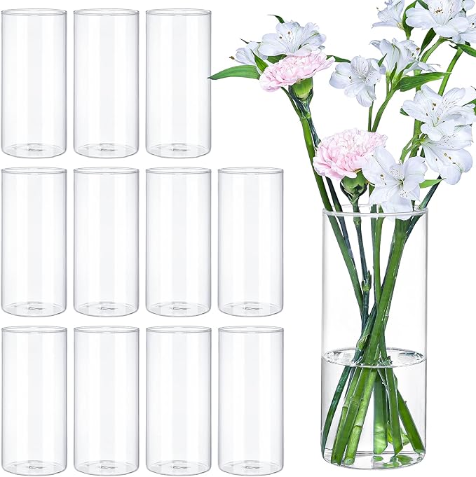 12Pcs Glass Cylinder Vases 8 Inch Tall Clear Flower Vases by TBWIND