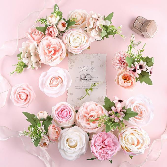 AmyHomie Blush Pink Artificial Flowers Combo Silk Rose Fake Flowers w/Stem - Image 5