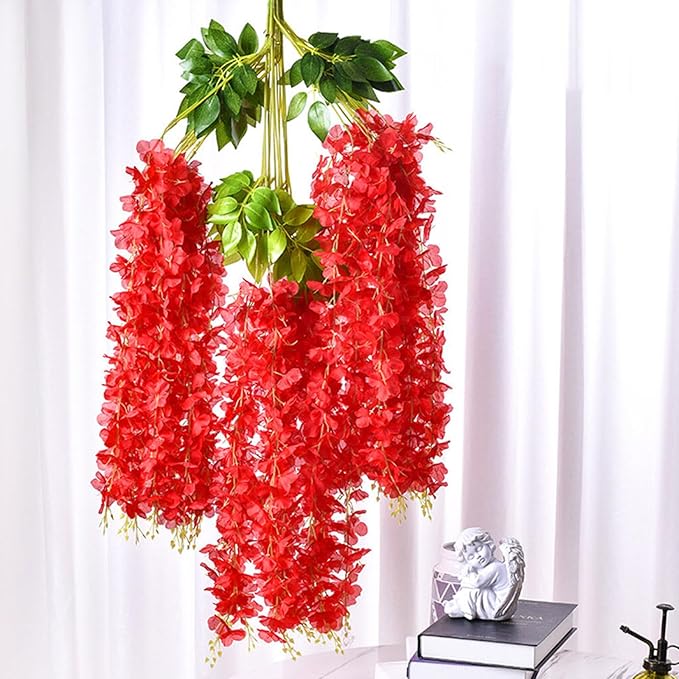 12 Pack Red Wisteria Hanging Flowers Garland, 3.77 Feet Artificial Flower Vines - Image 3