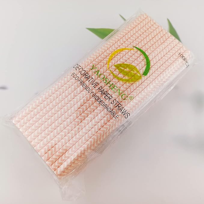 YAOSHENG Premium Disposable Waves Striped Drinking Paper Straws, Pack 100 Pink - Image 5