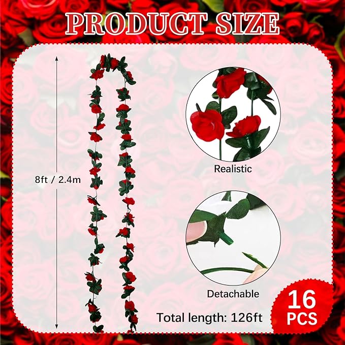 16Pcs 126Ft Red Rose Garland, Fake Rose Hanging Flowers, Artificial Flower Vine - Image 2