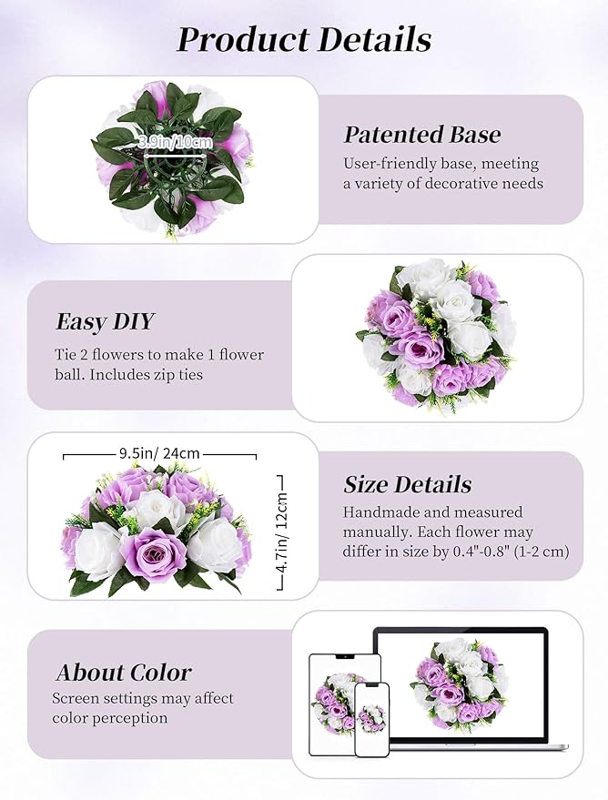 BLOSMON Lilac Flowers Balls for Centerpieces: 10 Pcs Purple White Fake Roses - Image 5