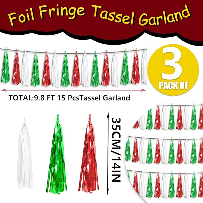3P Red Green White Foil Fringe Metallic Tassel Streamers Banner Tassel Garland - Image 2