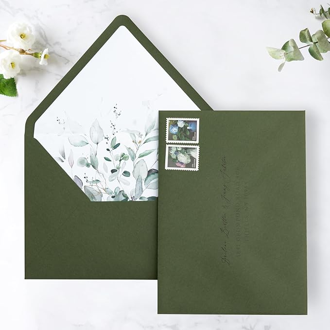 PONATIA 50PCS A7 Euro Flap Envelope, 5.25 x 7.25'' Olive Green Flowers Liner - Image 4