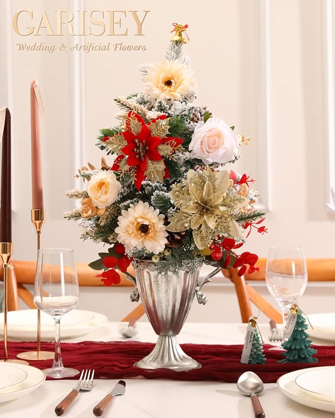 Christmas Artificial Flowers Poinsettia Flower Mix Silk Flowers Fake Roses - Image 2