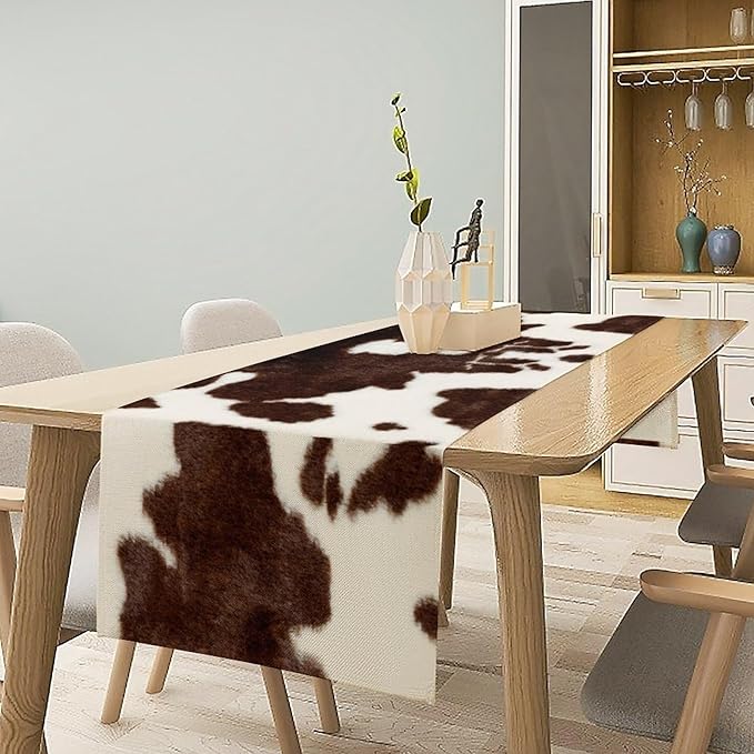 Cow Skin Print Table Runner, Safari Wildlife Brown Country Farm Cowhide Pattern - Image 3