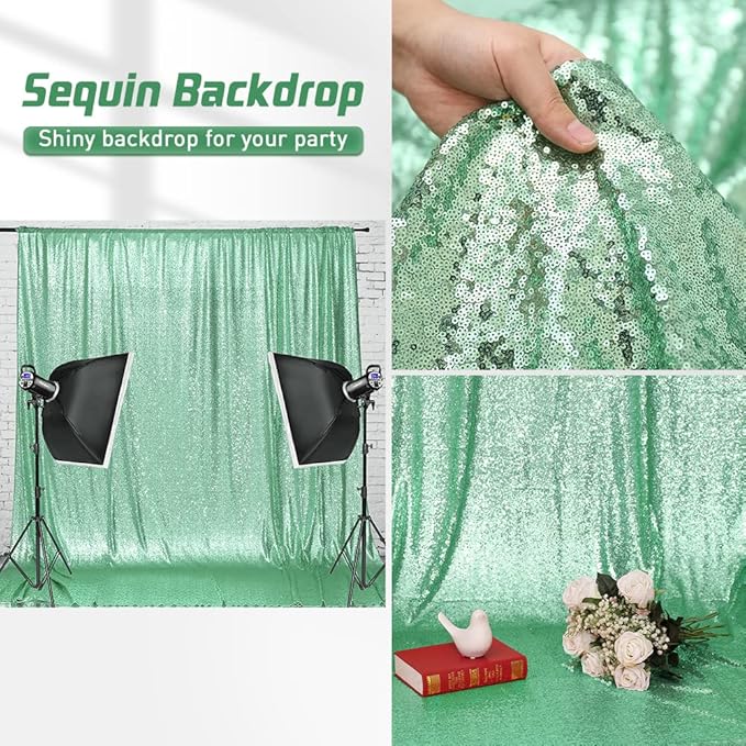 Eternal Beauty Mint Green Sequin Backdrop, 8x8 Ft Glitter Background Curtains - Image 4