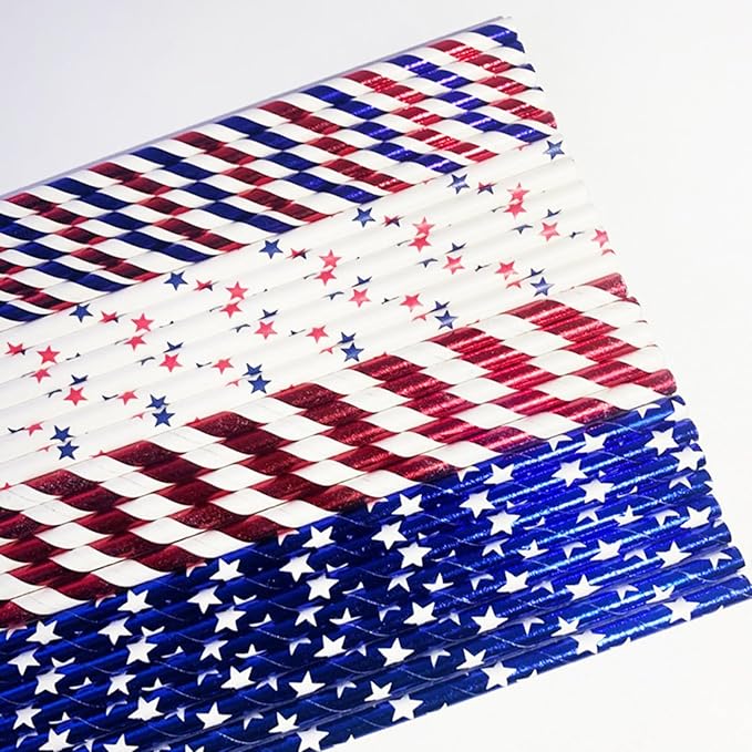 200Pcs Independence Day Paper Straws, American Flag Star Stripe Red White and by EVECILOO