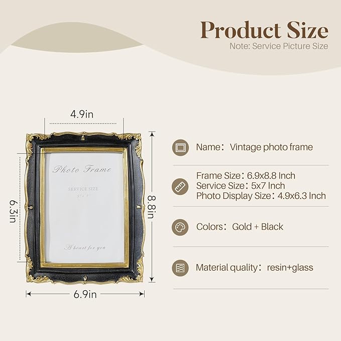 Cuspin Vintage Picture Frame 5x7 Black and Gold Frame, Ornate Textured - Image 6
