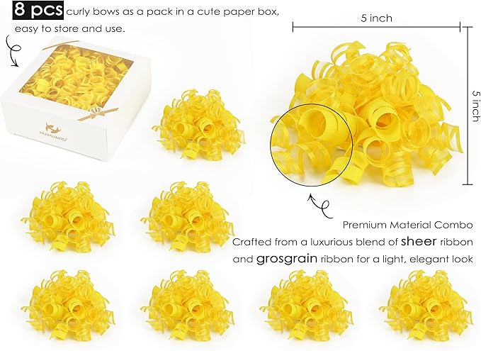 HUIHUANG Yellow Present Bows Gift Wrap Accessory Curly Ribbon Gift Bows 5 inch - Image 2